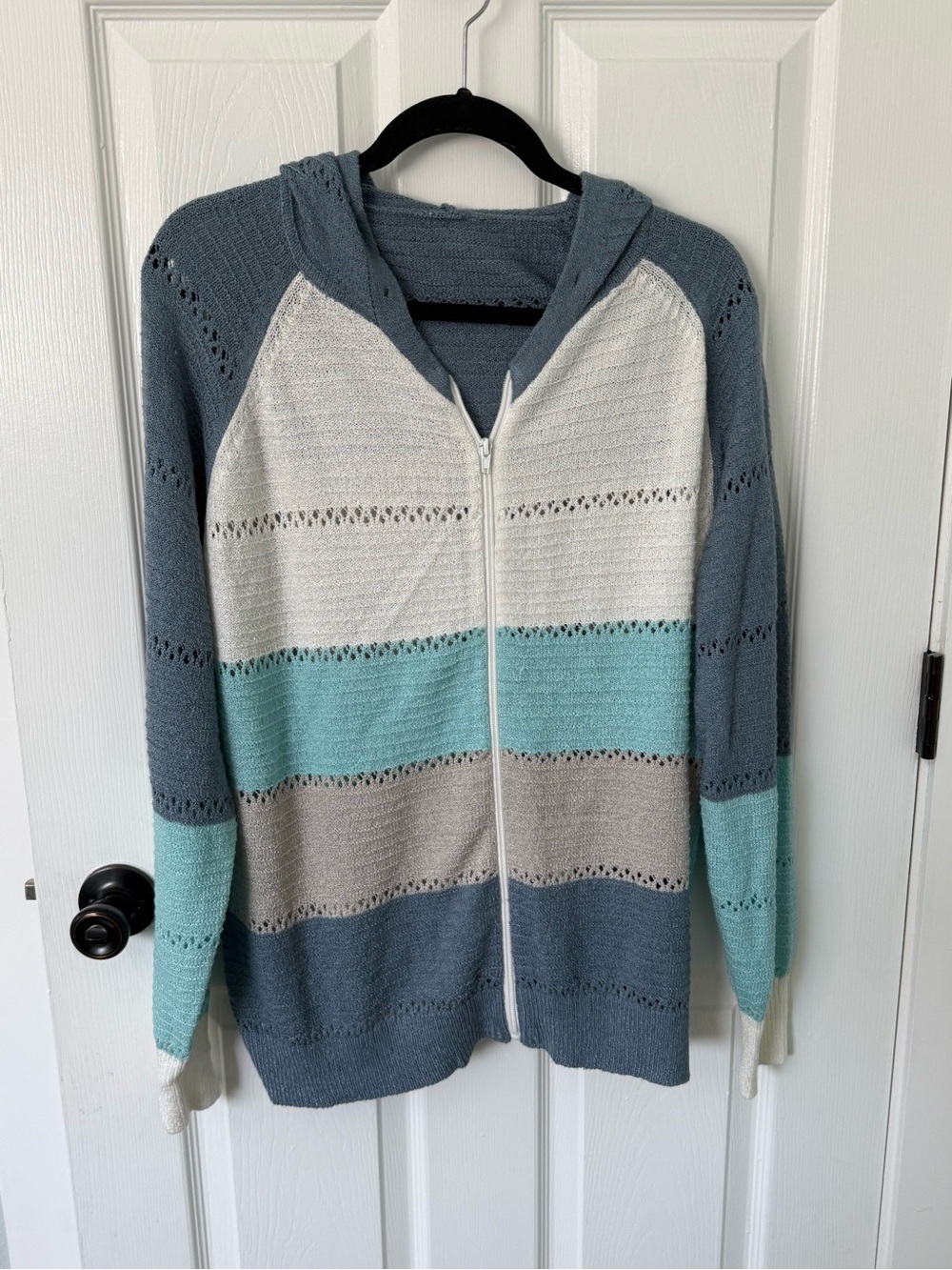 Women’s Blue White Gray Striped Zip Knit Hooded Sweater 2XL